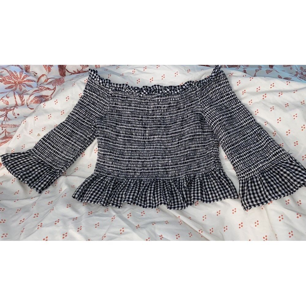 American Eagle Small‎ Crop Top Smocked Gingham Off-Shoulder Elbow Length Sleeves